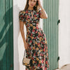 Vestido Midi Floral con Manga Abullonada Negra