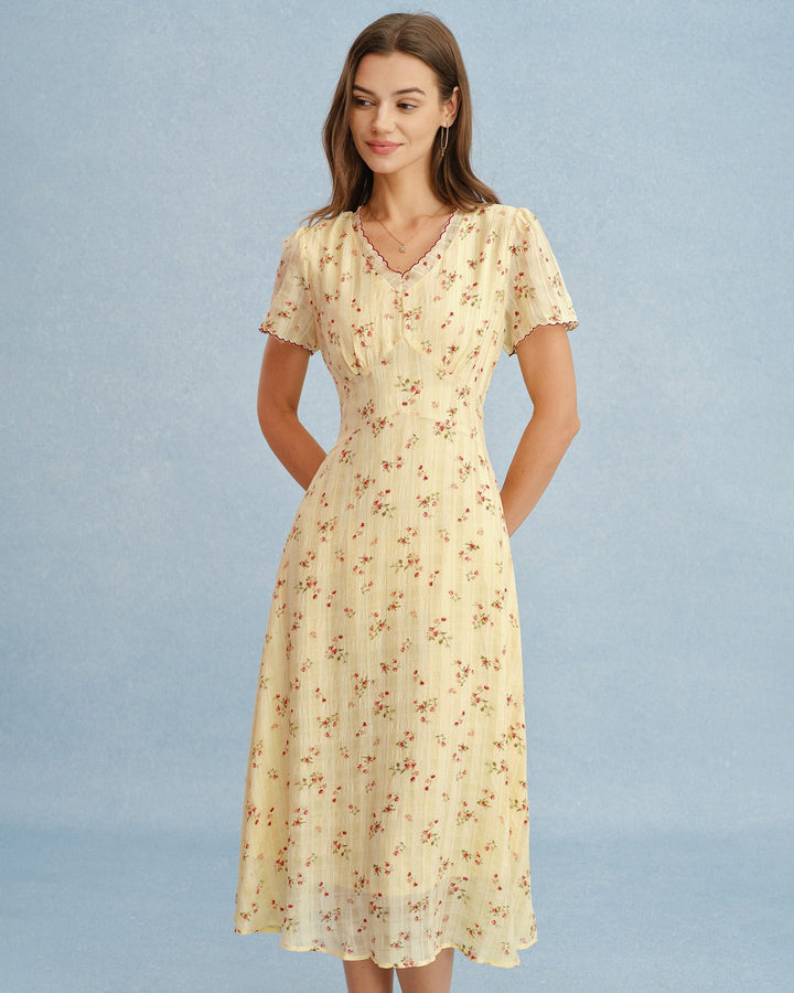 Túnica Midi Floral Amarilla con Cuello en V