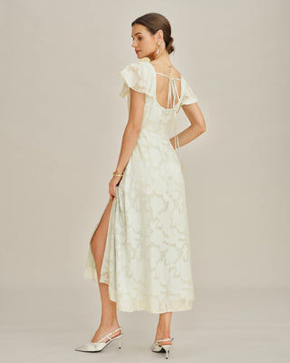 Vestido Midi Jacquard de Cuello Cuadrado Beige