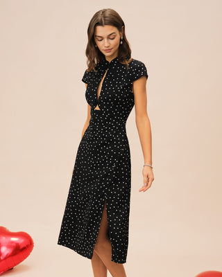 Vestido Midi de Lunares con Cuello Mandarin