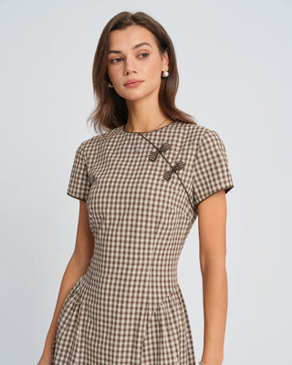 Vestido Midi de Cuadros Marrón con Cuello Redondo