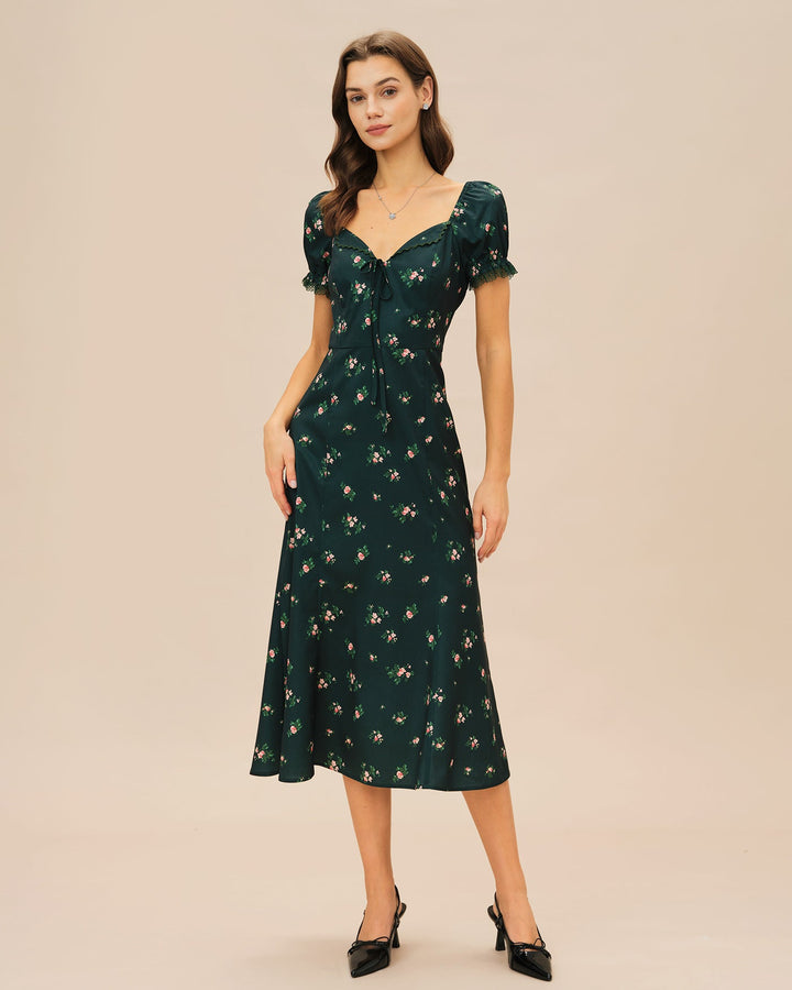 Vestido Midi Floral con Mangas Abullonadas Verdes