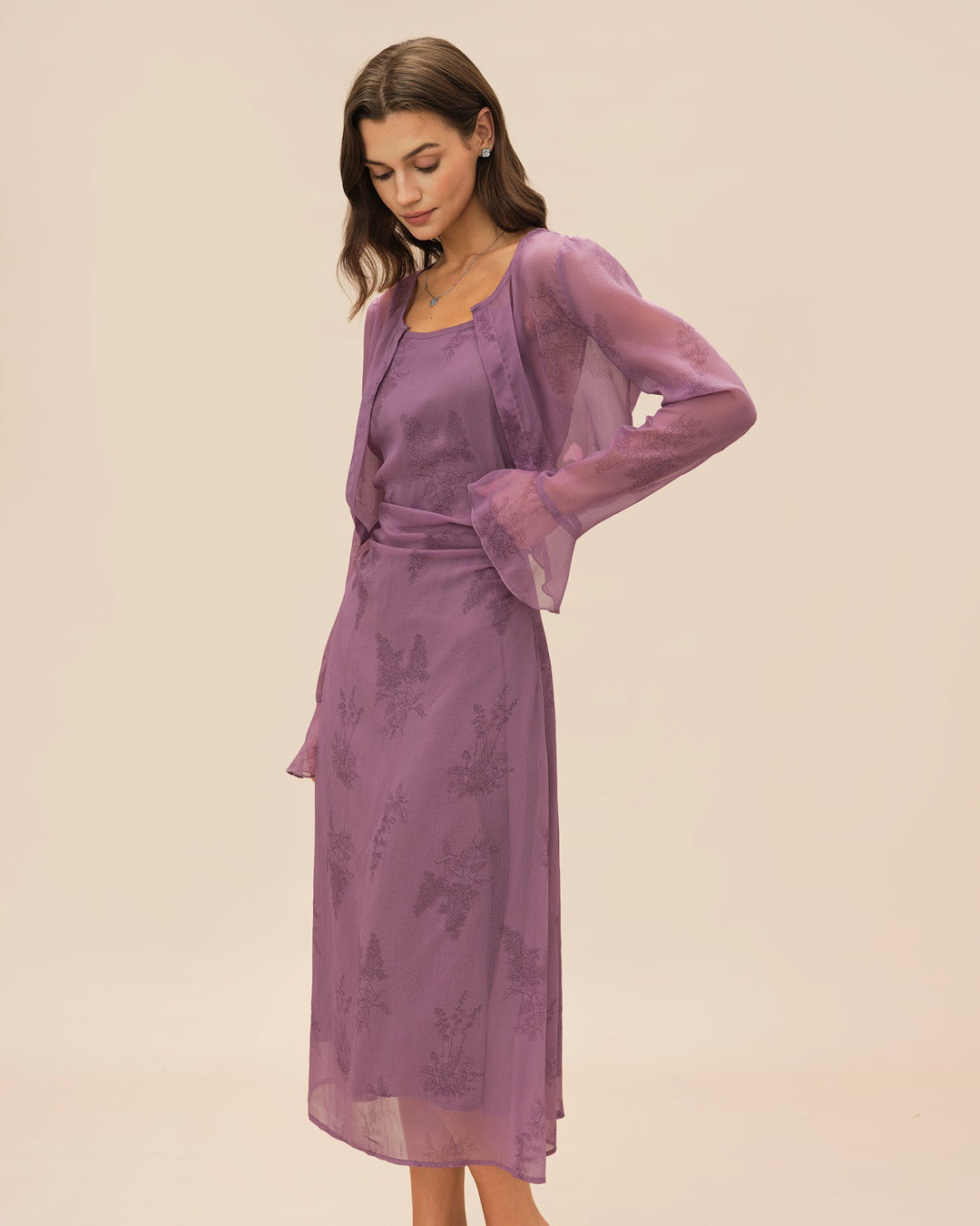 Vestido Midi Slip Arrugado Floral Púrpura