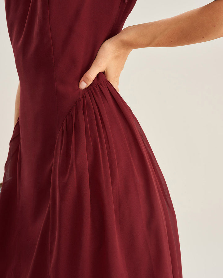 Vestido Midi Sin Mangas de Chiffon Rojo Vino