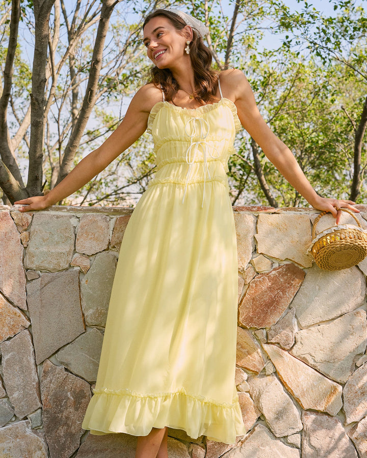 Vestido Midi con Volantes en el Escote Corazón Amarillo