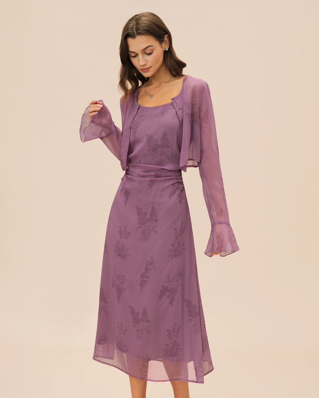 Vestido Midi Slip Arrugado Floral Púrpura