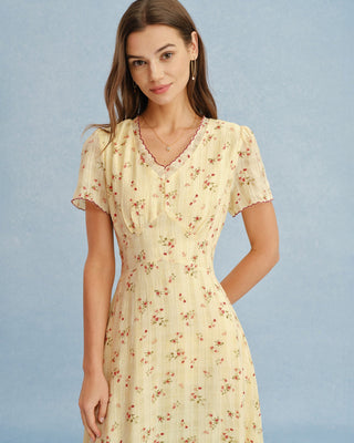 Túnica Midi Floral Amarilla con Cuello en V