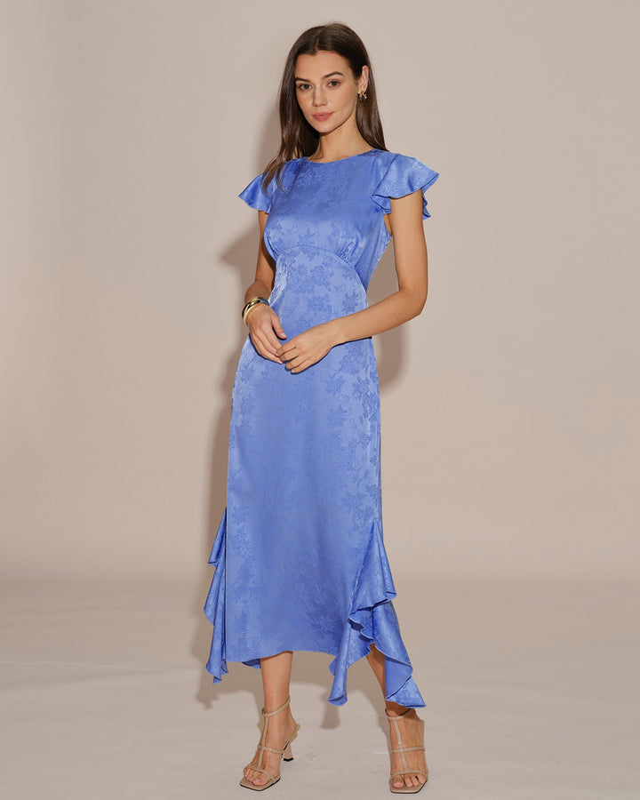 Vestido Midi de Jacquard con Volantes y Cuello Barco Azul