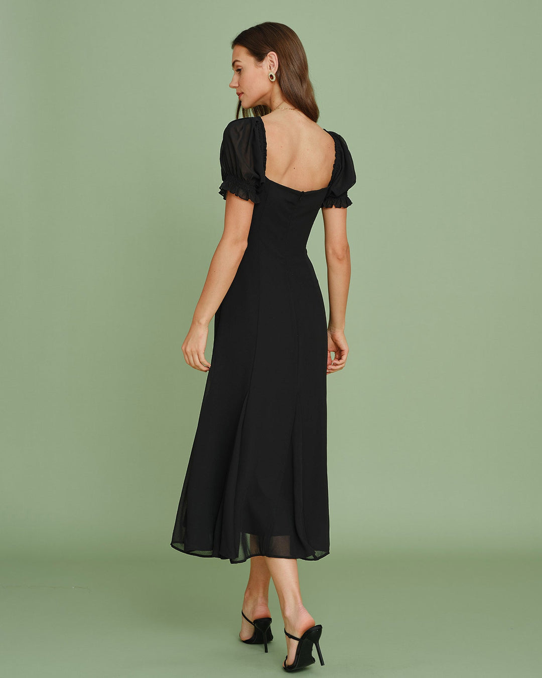 Vestido Midi de Manga Abullonada y Cuello en V Negro