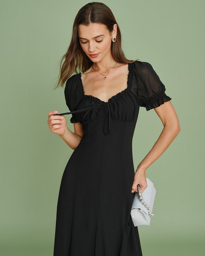 Vestido Midi de Manga Abullonada con Escote en V Negro