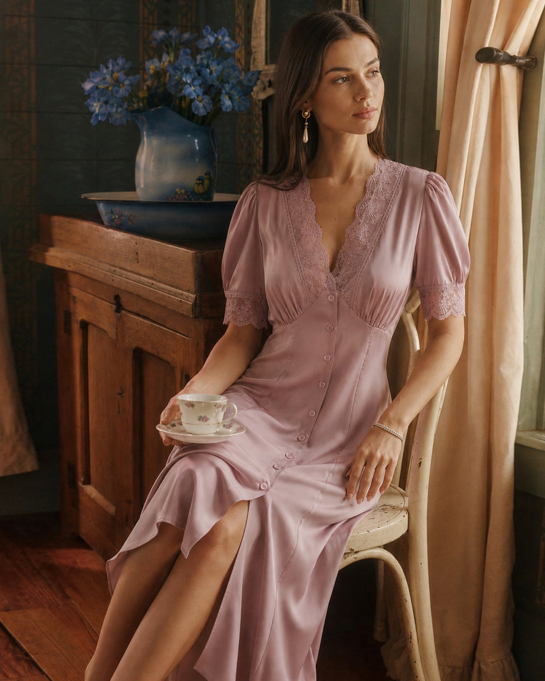 Vestido Midi de Satén con Encaje Rosa