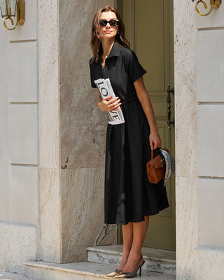Vestido Midi A-Line Negro con Cinturón