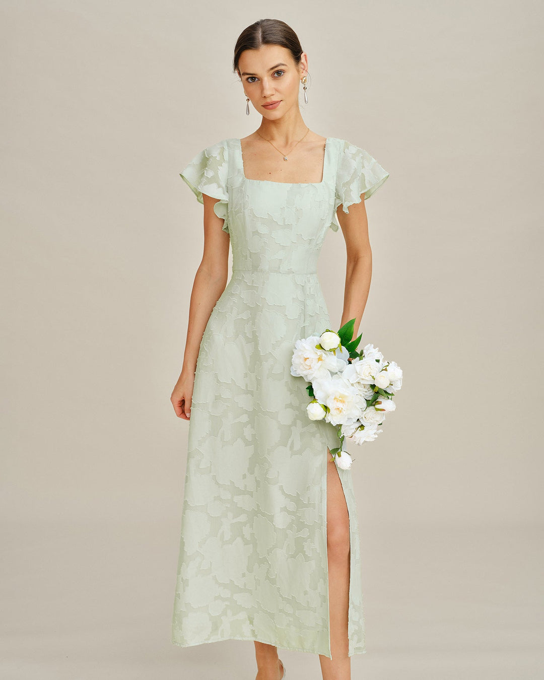 Vestido Midi Texturizado Floral con Escote Cuadrado Verde