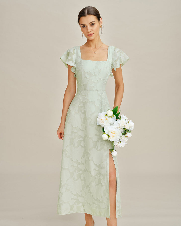 Vestido Midi Texturizado Floral con Escote Cuadrado Verde