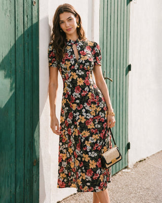 Vestido Midi Floral con Manga Abullonada Negra