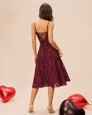 Vestido Midi Slip Jacquard de Cuello Corazón en Rojo Vino