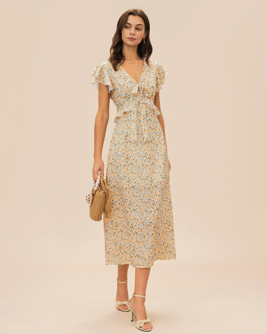 Vestido Midi Floral con Volantes y Cuello en V Amarillo