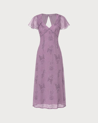 Vestido Midi Floral de Manga Mariposa con Escote en V Morado