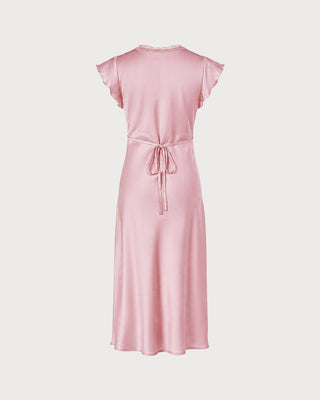 Vestido Midi de Satén con Encaje y Escote en V Rosa