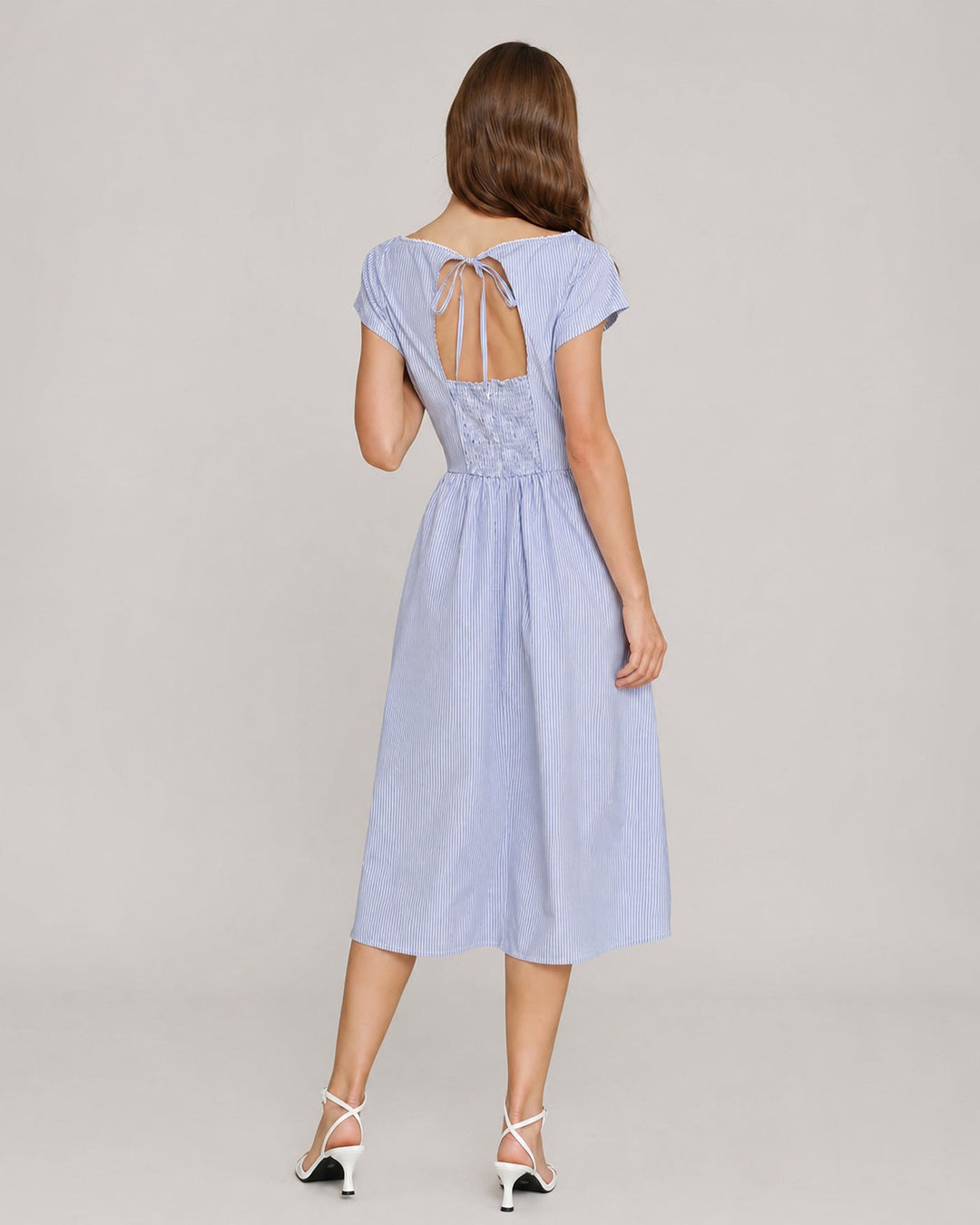 Vestido Midi con Cuello Barco y Fruncidos Azul