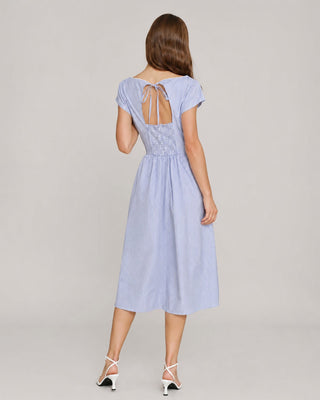 Vestido Midi con Cuello Barco y Fruncidos Azul