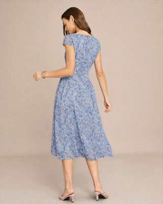 Vestido Midi Floral con Botones y Cuello U Azul