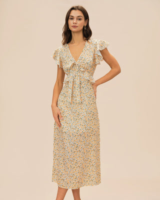 Vestido Midi Floral con Volantes y Cuello en V Amarillo