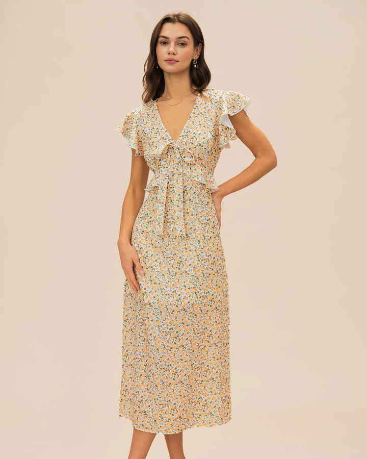 Vestido Midi Floral con Volantes y Cuello en V Amarillo