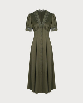 Vestido Midi de Satén Verde con Encaje