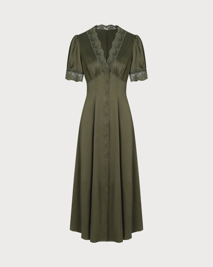 Vestido Midi de Satén Verde con Encaje