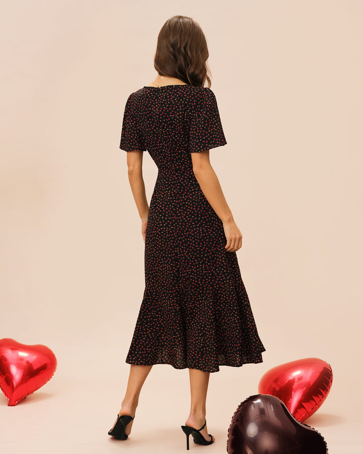 Vestido Midi Floral Negro con Cuello Cuadrado y Mangas de Mariposa