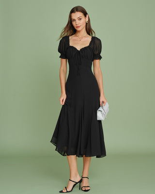 Vestido Midi de Manga Abullonada con Escote en V Negro