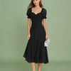 Vestido Midi de Manga Abullonada y Cuello en V Negro