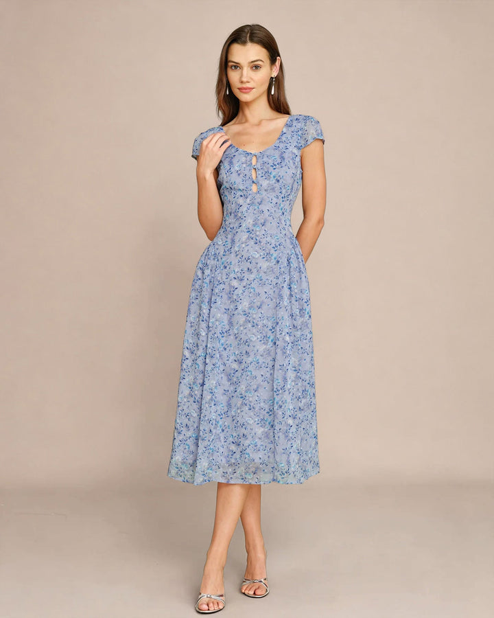 Vestido Midi Floral con Botones y Cuello U Azul