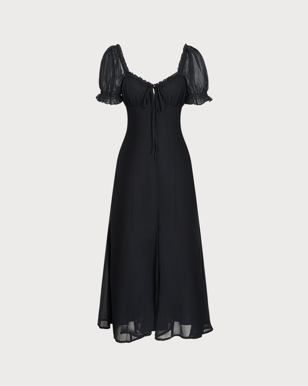 Vestido Midi de Manga Abullonada y Cuello en V Negro