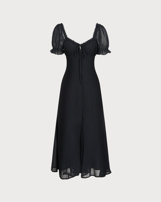 Vestido Midi de Manga Abullonada y Cuello en V Negro