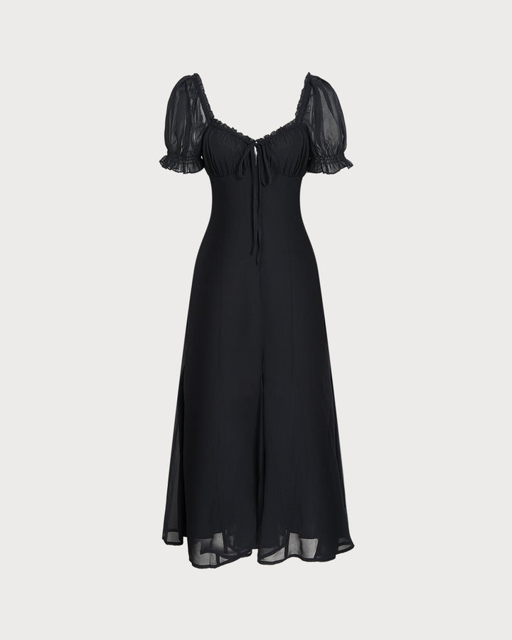 Vestido Midi de Manga Abullonada y Cuello en V Negro