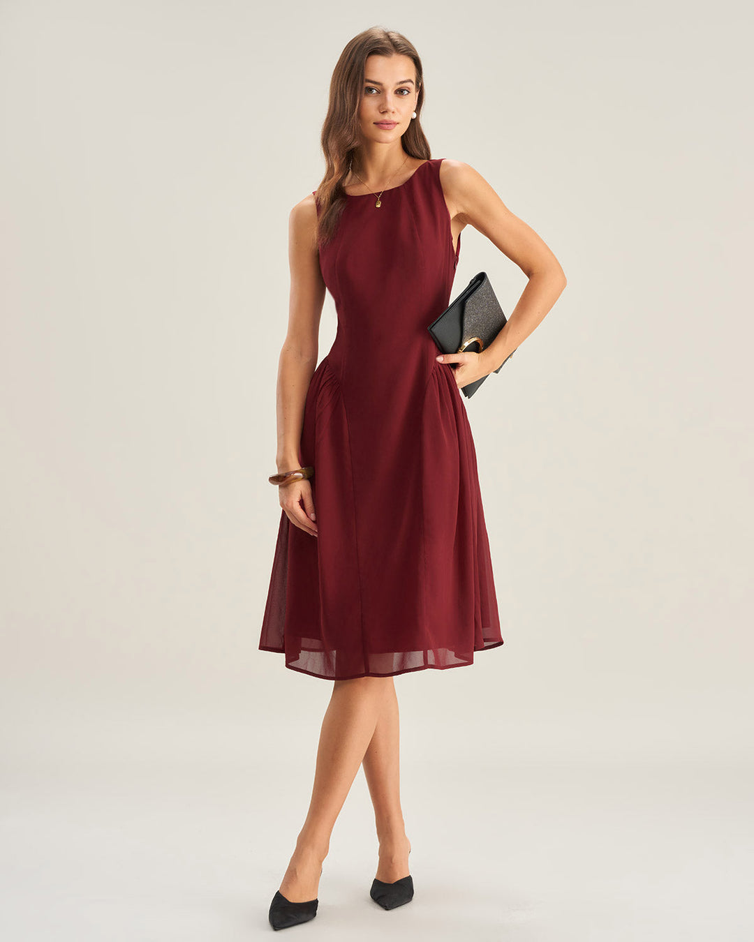 Vestido Midi Sin Mangas de Chiffon Rojo Vino