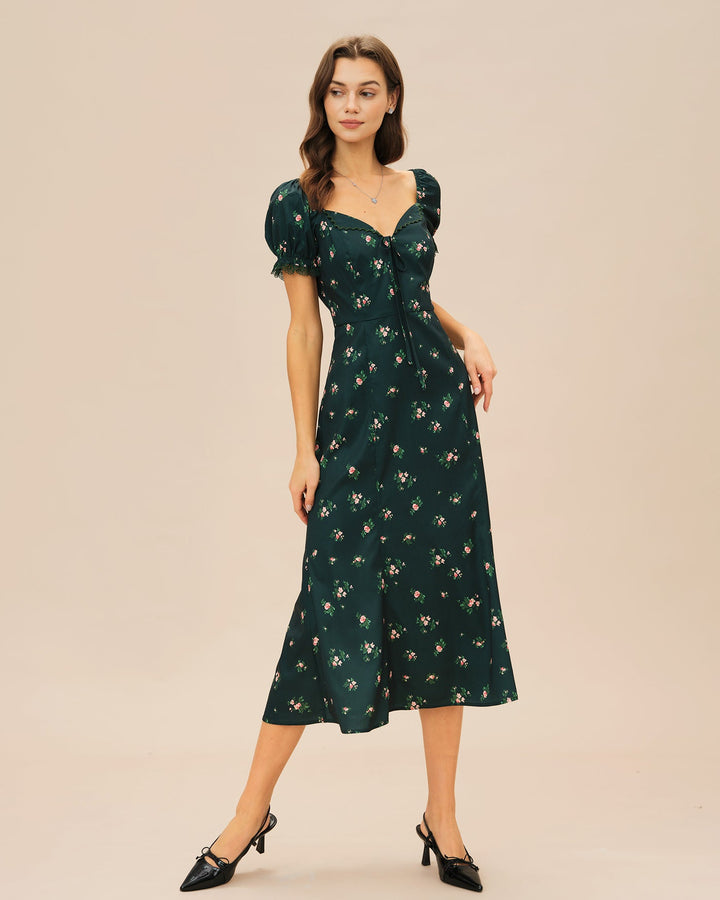 Vestido Midi Floral con Mangas Abullonadas Verdes