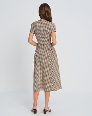 Vestido Midi de Cuadros Marrón con Cuello Redondo