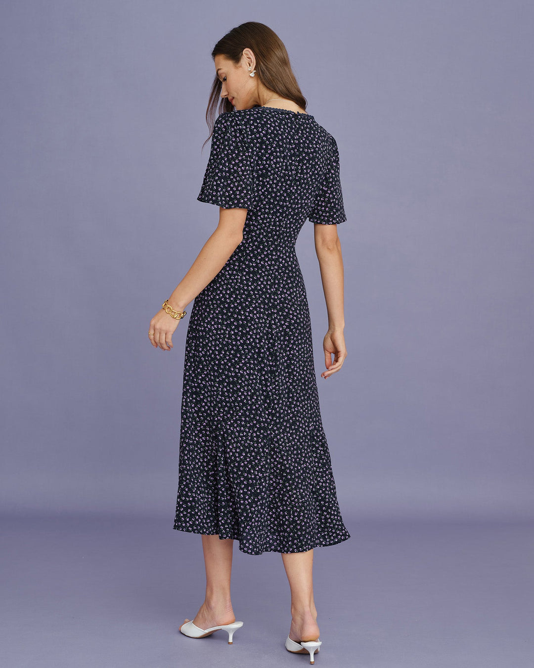Vestido Midi de Manga Mariposa Floral Púrpura