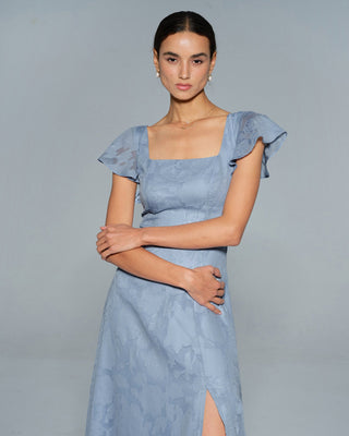 Vestido Midi de Cuello Cuadrado Floral Azul