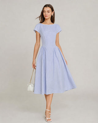 Vestido Midi con Cuello Barco y Fruncidos Azul