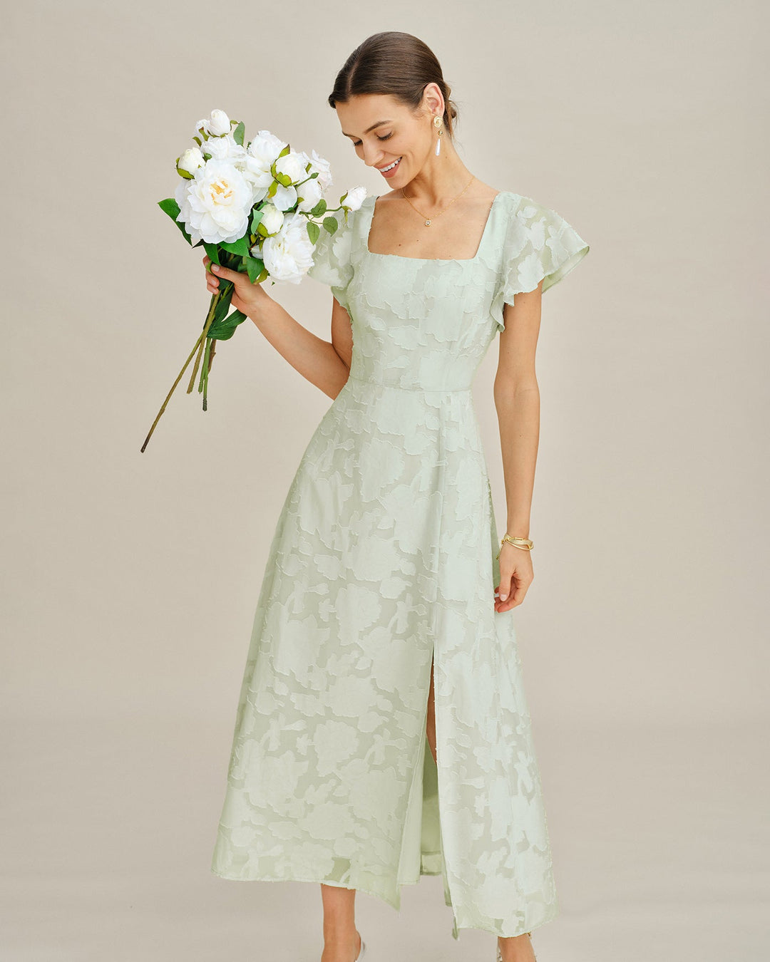 Vestido Midi Texturizado Floral con Escote Cuadrado Verde