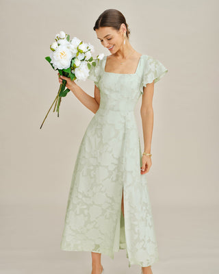 Vestido Midi Texturizado Floral con Escote Cuadrado Verde