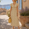 Vestido Midi Floral con Volantes y Cuello en V Amarillo