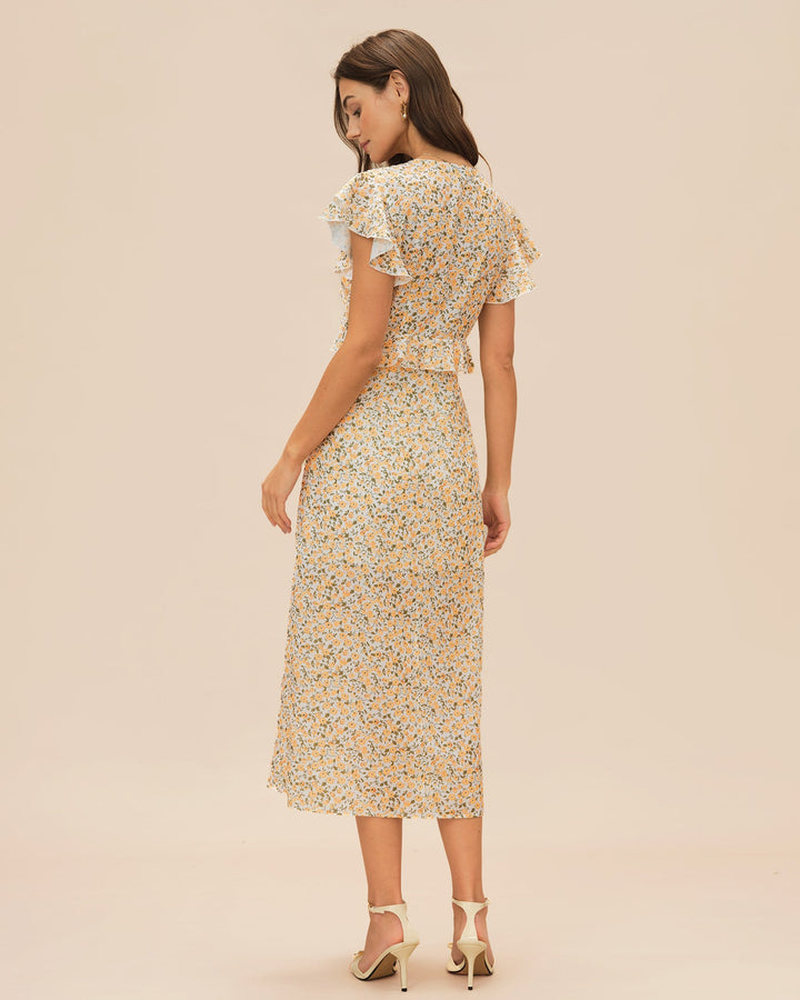 Vestido Midi Floral con Volantes y Cuello en V Amarillo