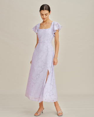 Vestido Midi Jacquard de Cuello Cuadrado Púrpura