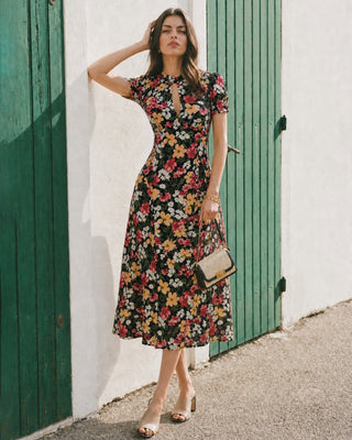 Vestido Midi Floral con Manga Abullonada Negra