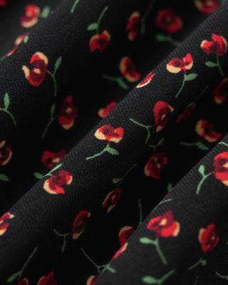 Vestido Midi Floral Negro con Cuello Cuadrado y Mangas de Mariposa